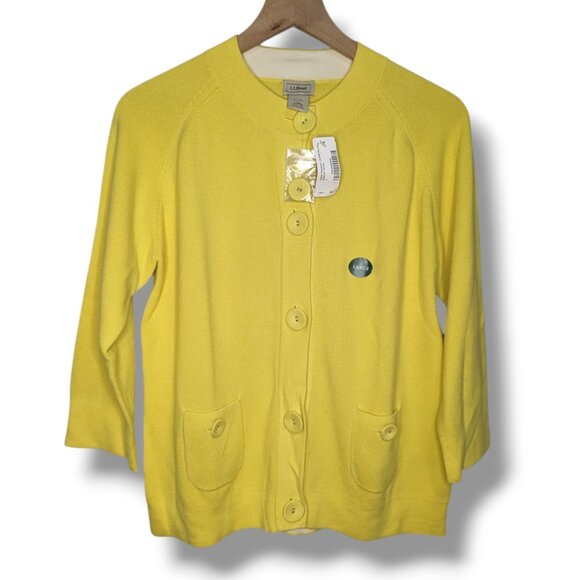 NWT LL Bean Cardigan Sweater Knit 100% Cotton Bright Yellow Whimsy Dopamine L - Picture 1 of 5